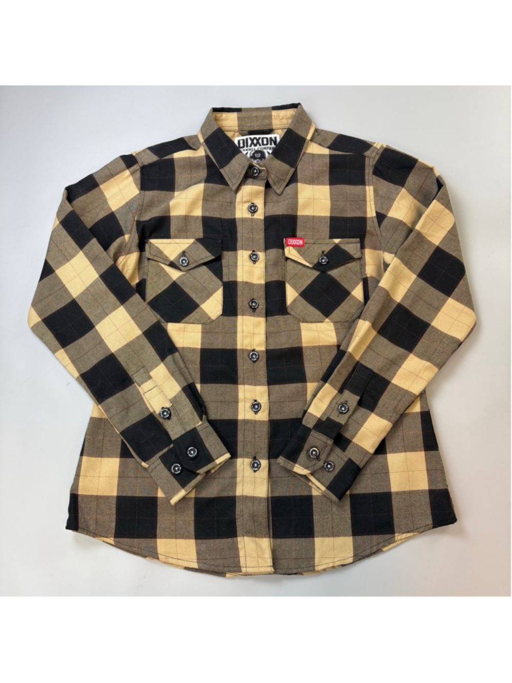 Dixxon Flannel Shirt Tango Womens Medium Button Down Buffalo Plaid Tan Black